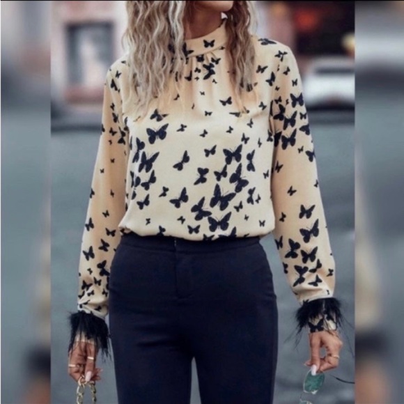 Tops - FUZZY TRIM LONG SLEEVE TOP